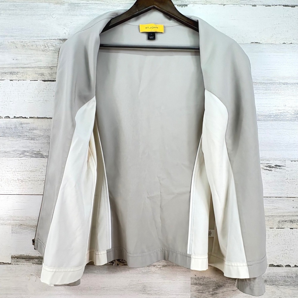 St John Womens Large Grey Cream Colorblock Full Zip Mock Neck Jacket L Sporty - Picture 3 of 12